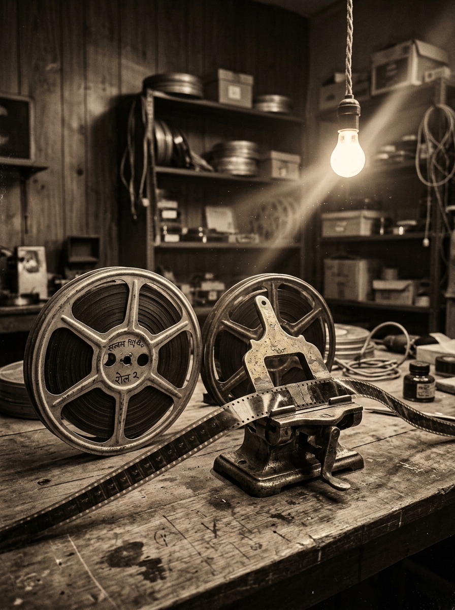 Classic 35mm film reels and splicer on an archival editing bench