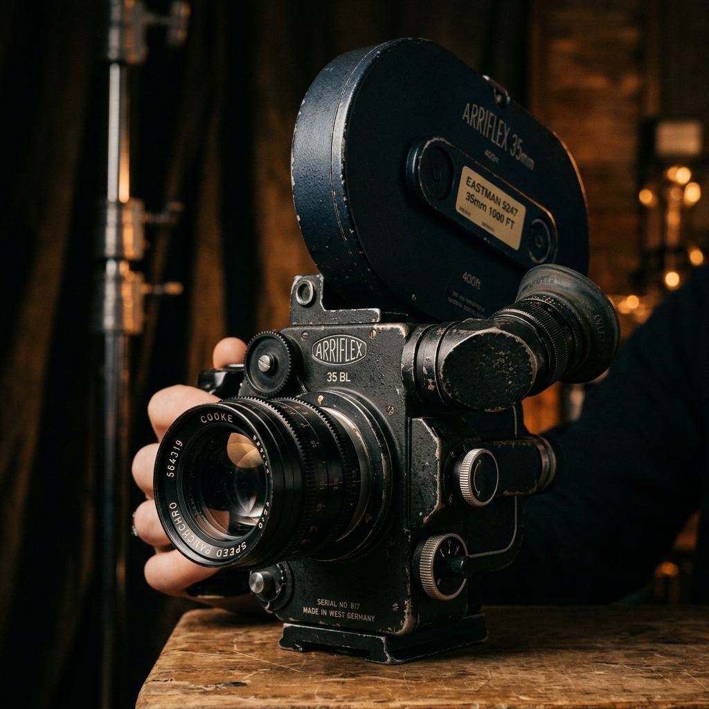 Vintage 35mm motion picture camera representing Mazel Entertainment's cinematic roots